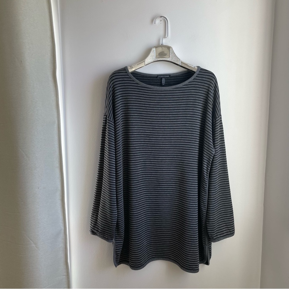 Eileen Fisher Tencel Lyocell Grey Black Striped Crew Neck Top size S